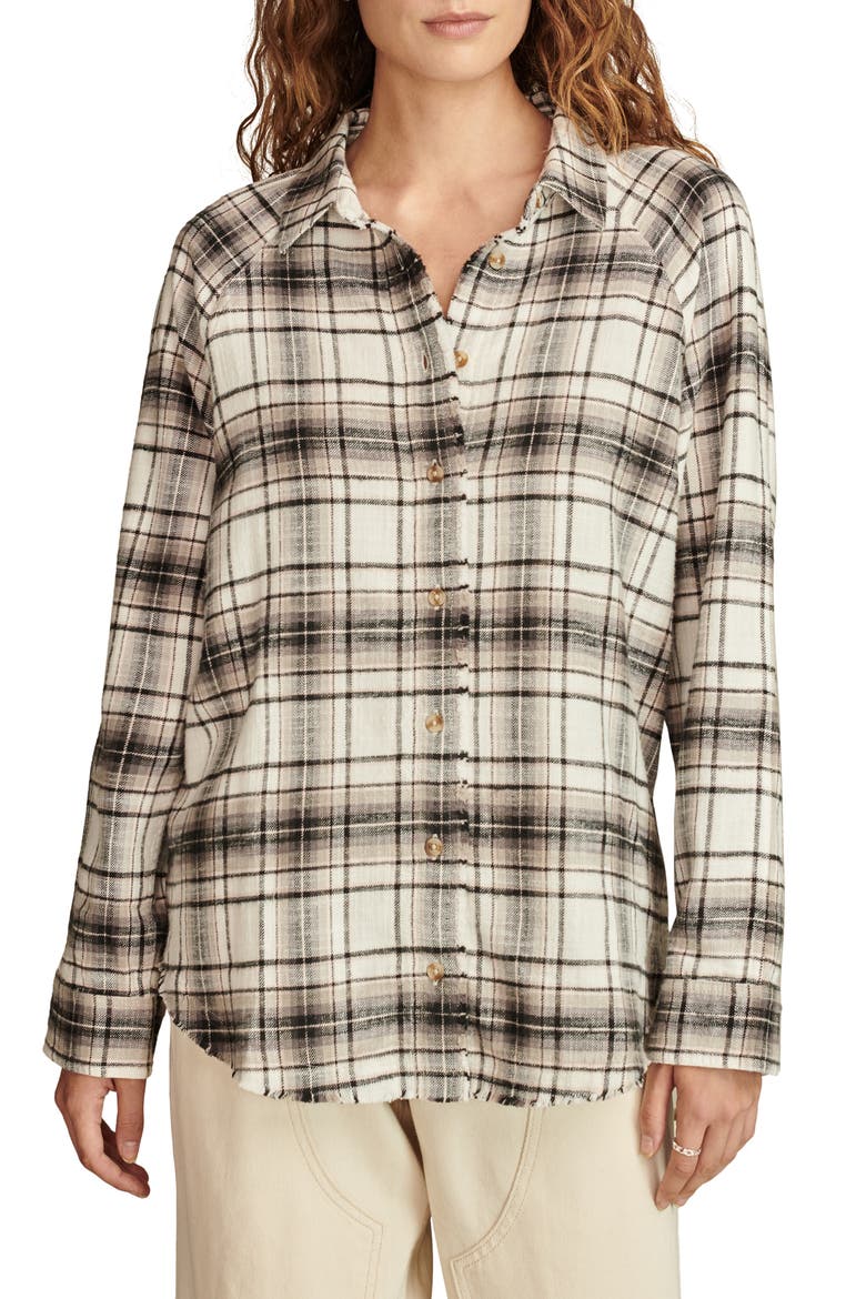 Cloud Plaid Cotton Tunic Shirt, Main, color, BLACK