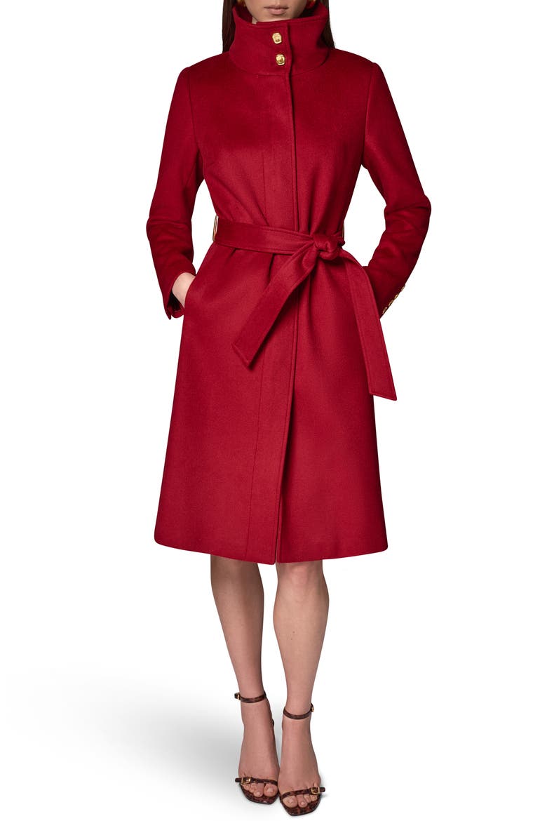 Belted Funnel Neck Wool Blend Coat, Main, color, METRO RED