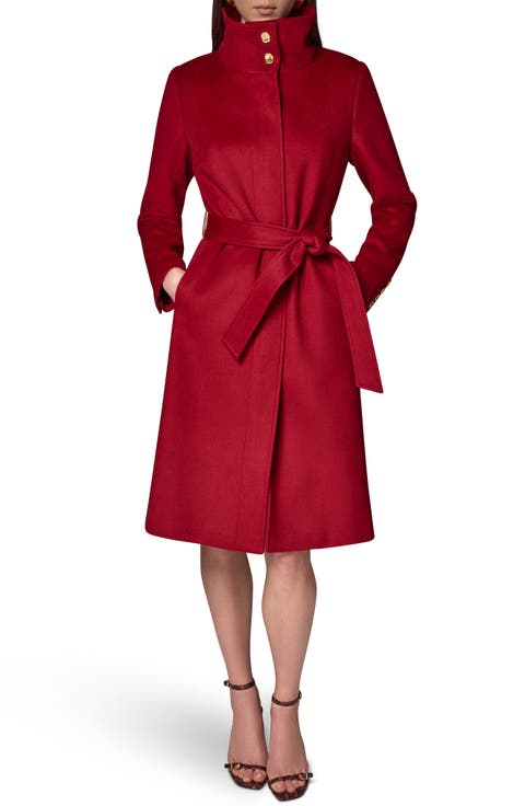 Belted Funnel Neck Wool Blend Coat
