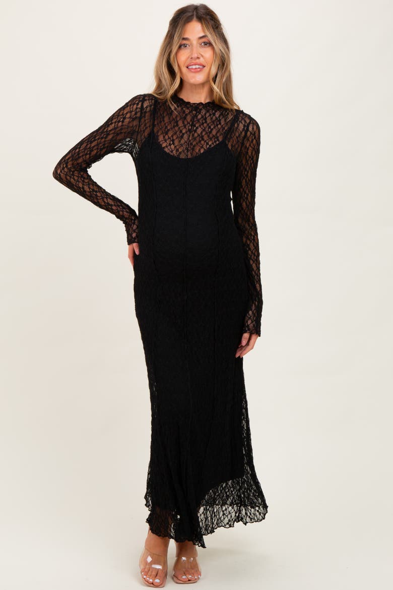 Lace Mock Neck Long Sleeve Maxi Dress, Main, color, Black