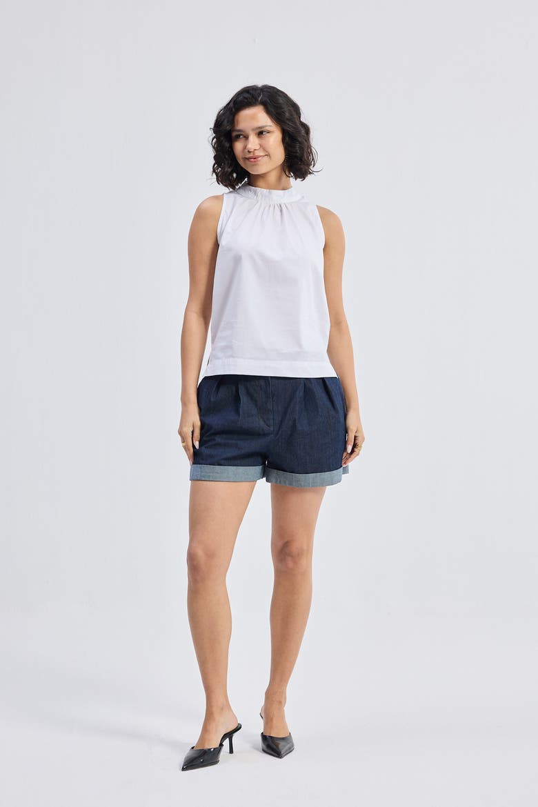High-Neck Top with Gathers, Alternate, color, White