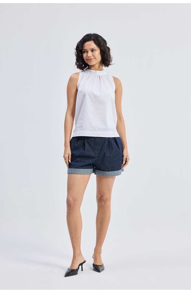 Reistor High-Neck Top with Gathers, Alternate, color, White