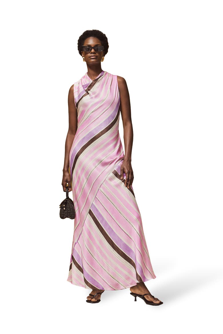 Phoebe Stripe Cowl Neck Satin Dress, Main, color, Pink