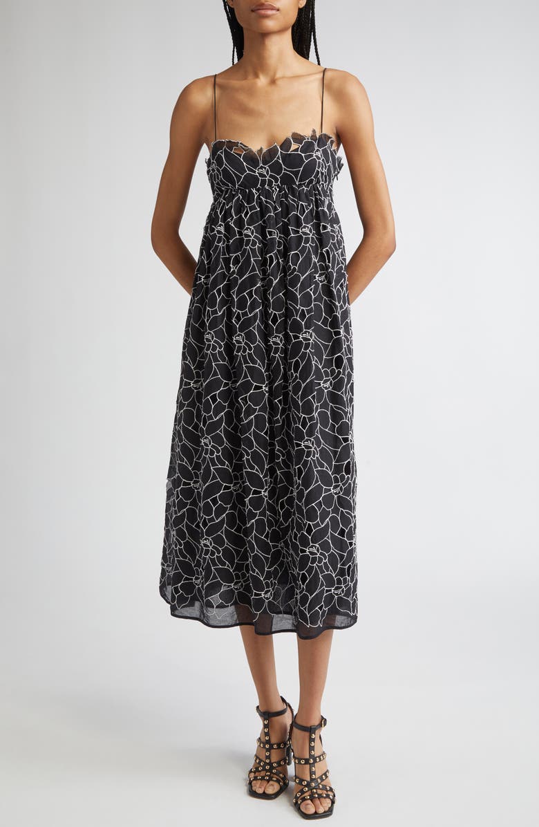 Ulla Johnson Marina Floral Embroidery Cotton Sundress, Main, color, Noir