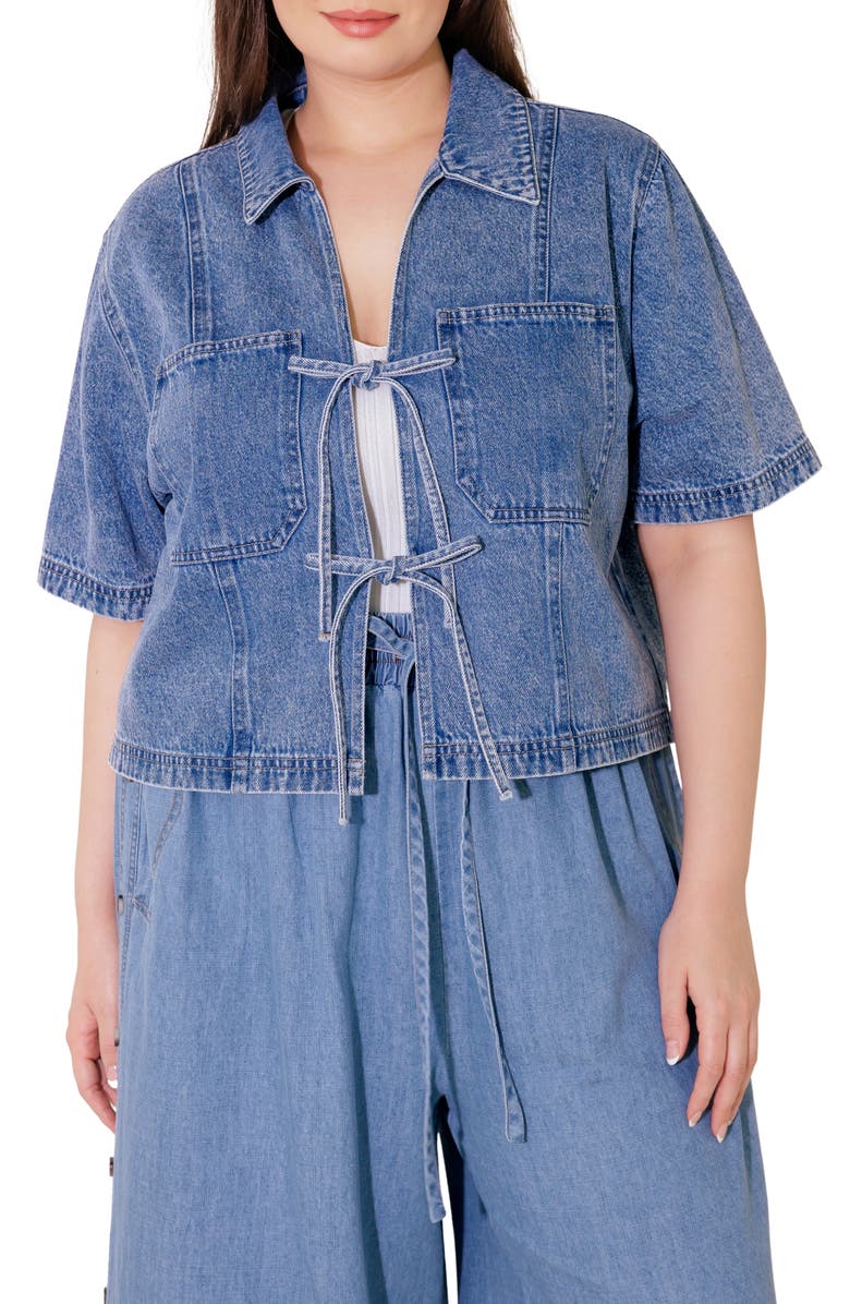 FLYING TOMATO Tie Front Short Sleeve Washed Denim Top, Main, color,