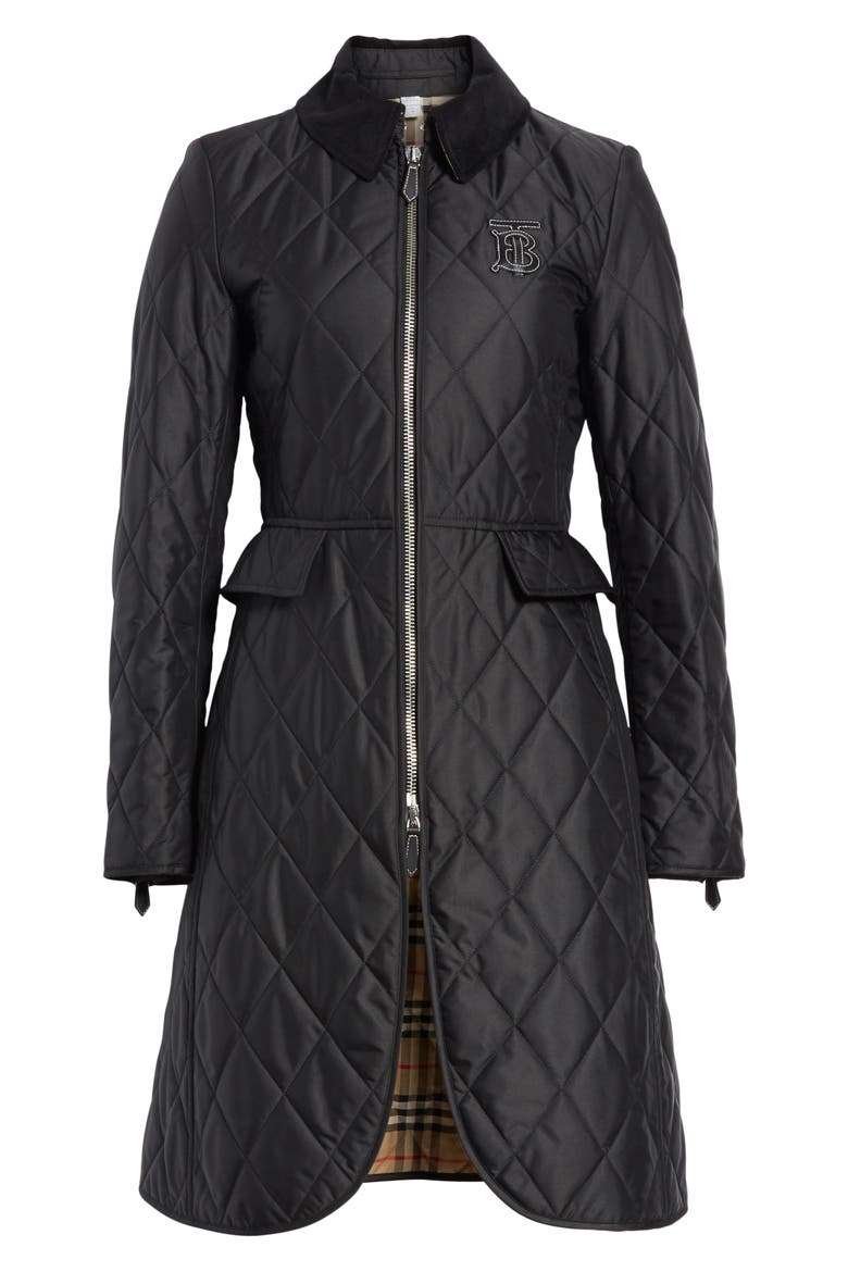 Ongar Monogram Motif Long Quilted Coat, Alternate, color, BLACK