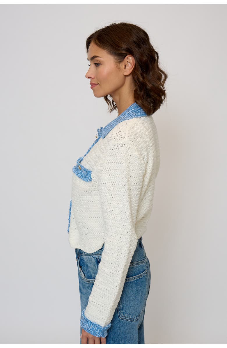 Central Park West Women
s Rose Scallop Edge Sweater, Alternate, color, Denim/White