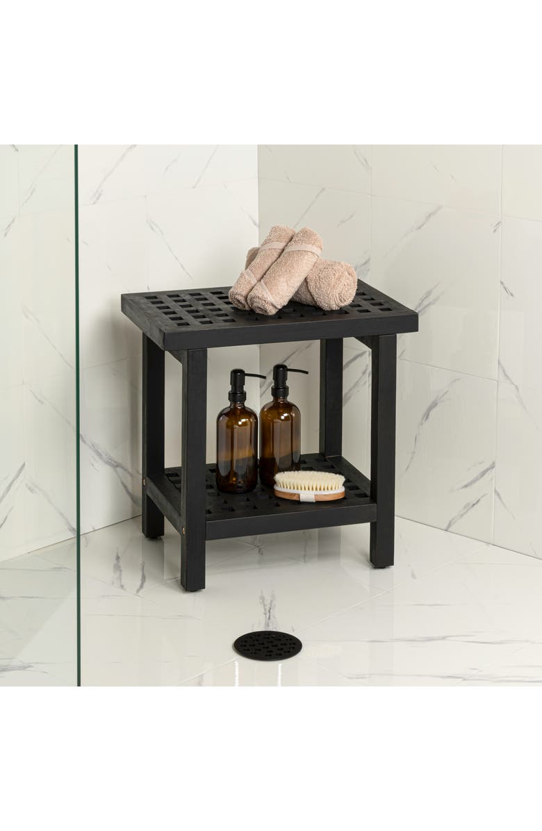 JONATHAN Y Armin 18.1" Modern Classic Grid Slat Solid Acacia Wood Indoor/Outdoor Shower Stool, Alternate, color, Black