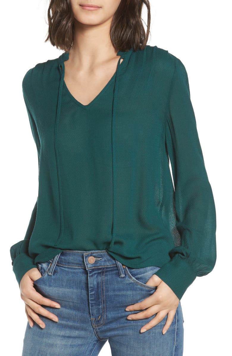 Hinge Tie Neck Ruffle Blouse, Main, color, Green Bug