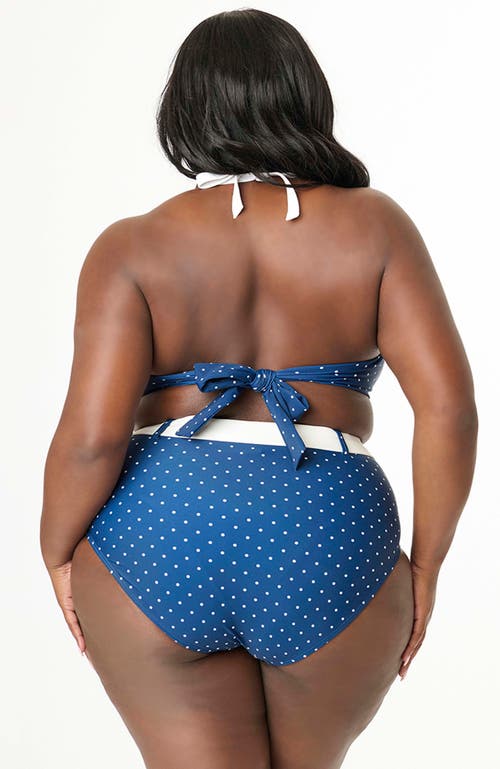 Unique Vintage Plus Size Bow Halter Swim Top In Navy White Dots
