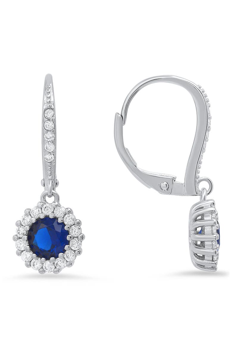 Sterling Silver CZ Halo Drop Earrings, Main, color, BLUE