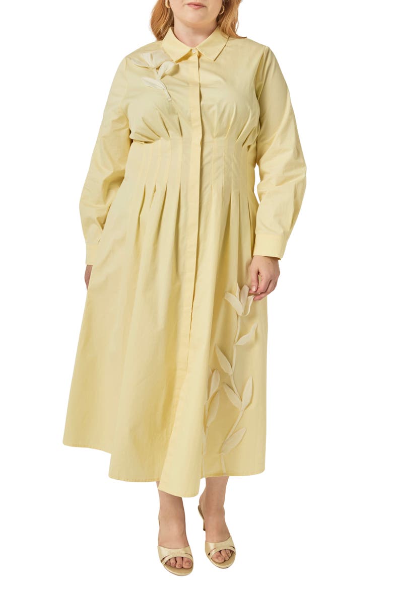 Appliquéd Pleated Cotton Shirtdress, Main, color, BUTTER YELLOW