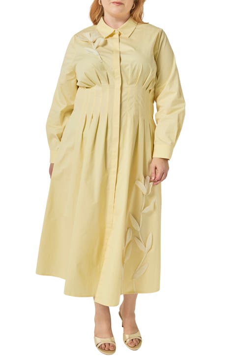 Appliquéd Pleated Cotton Shirtdress