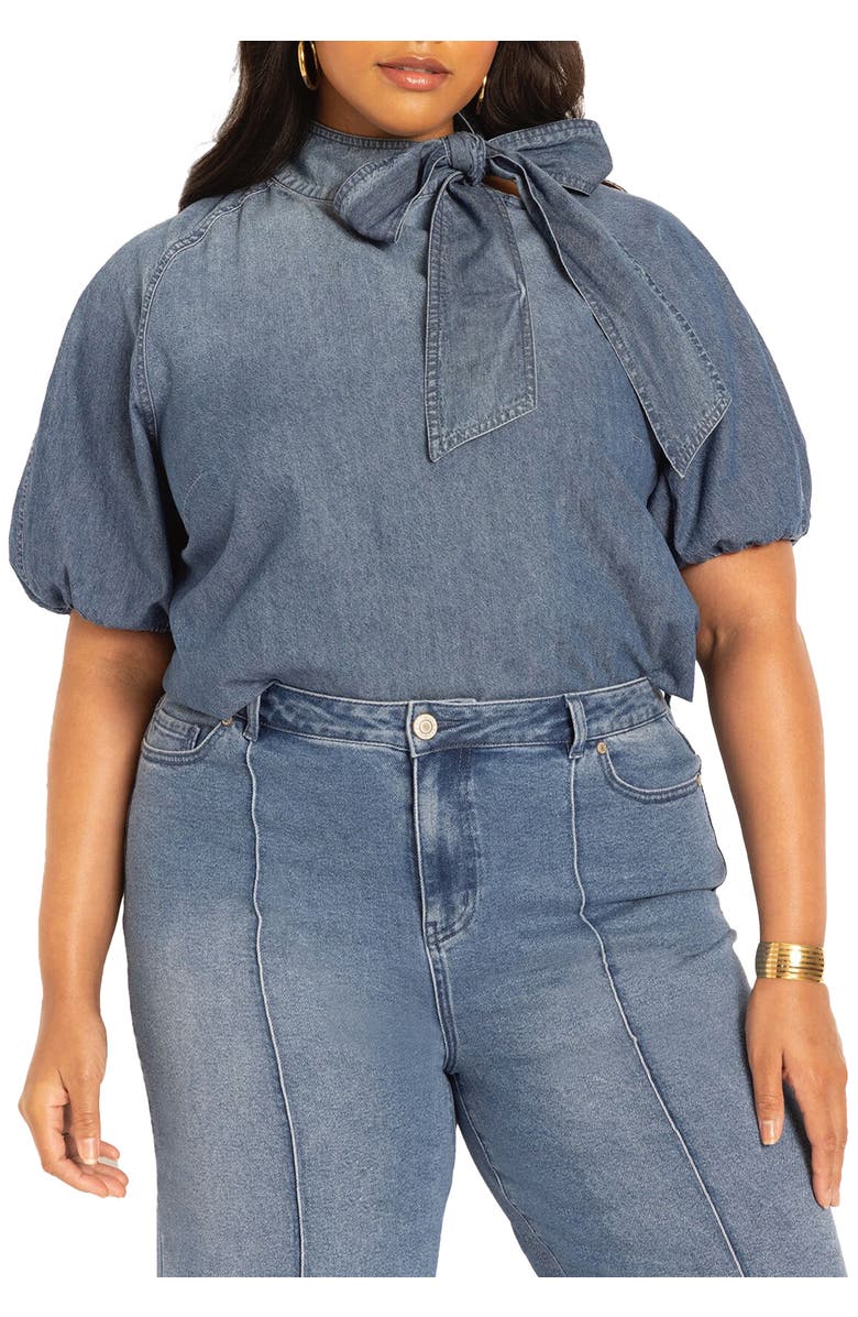 ELOQUII Puff Sleeve Chambray Tie Neck Top, Main, color, Medium Wash