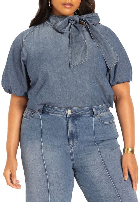 Puff Sleeve Chambray Tie Neck Top (Plus Available)