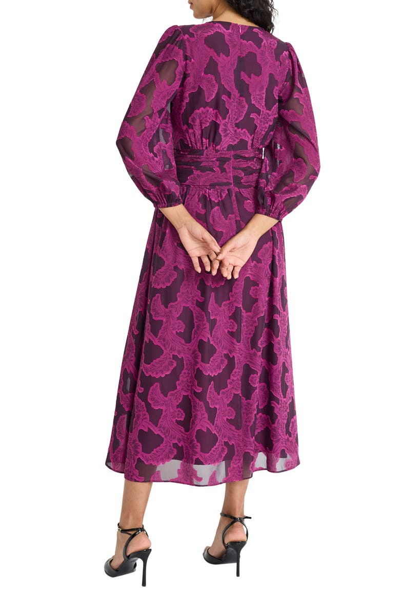 Balloon Sleeve V-Neck Midi Dress, Alternate, color, MAGENTA