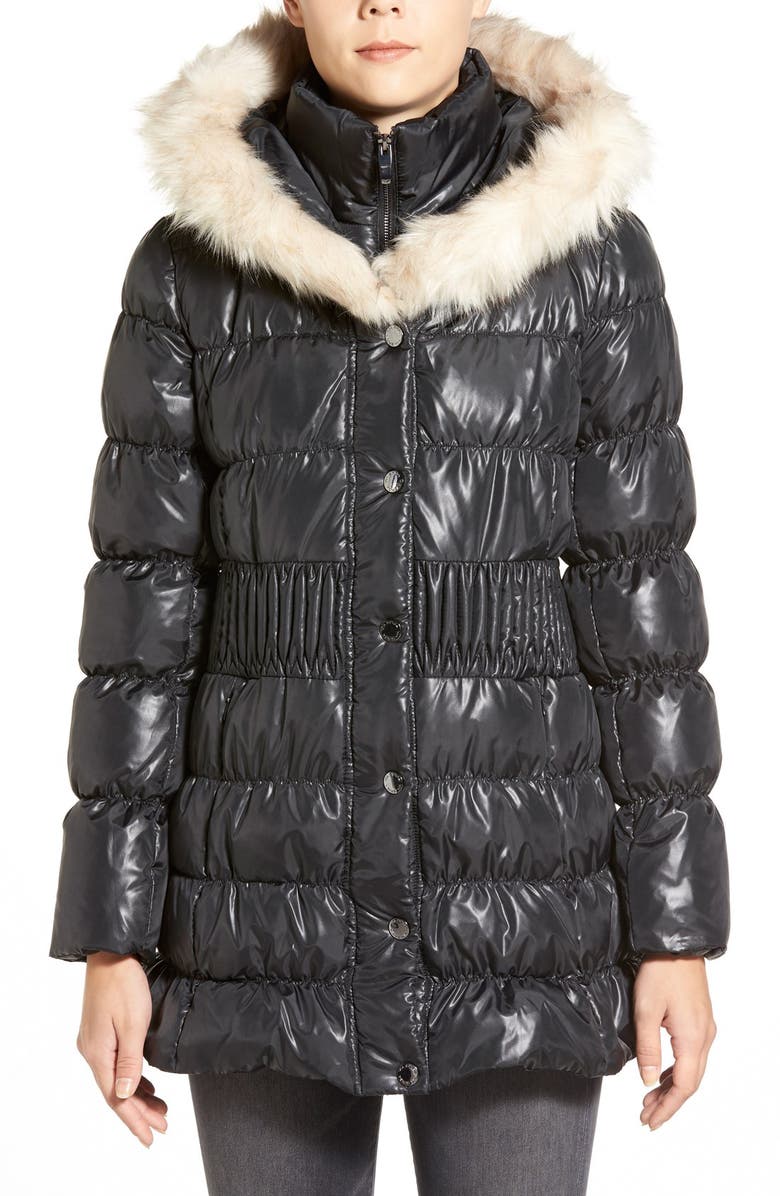 Via Spiga Hooded Down & Feather Fill Coat with Faux Fur Trim, Main, color,