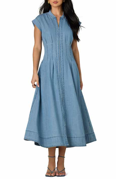 Pleated Denim Midi Dress