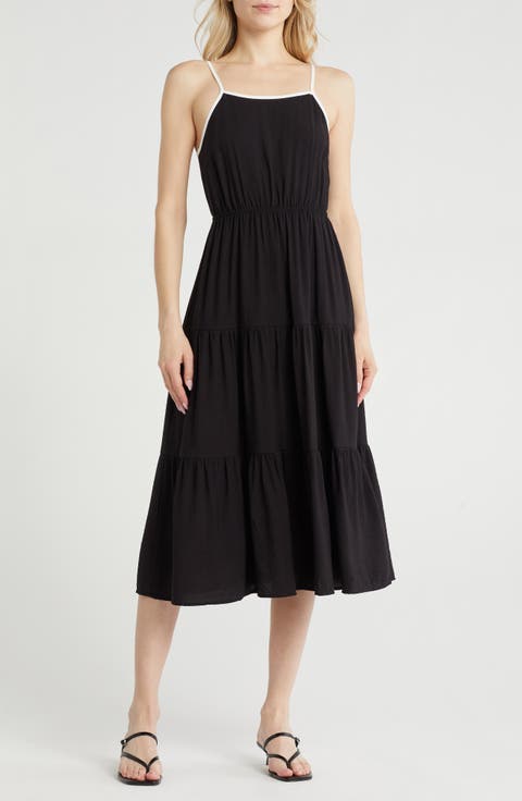 Contrast Trim Tie Back Tiered Midi Dress