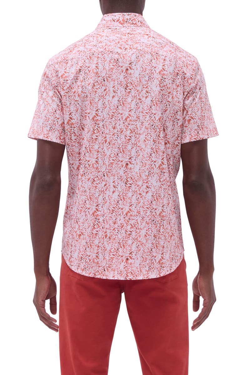 Bugatchi Orson Trim Fit Leaf Print Short Sleeve Stretch Cotton Button-Up Shirt, Alternate, color, Paprika
