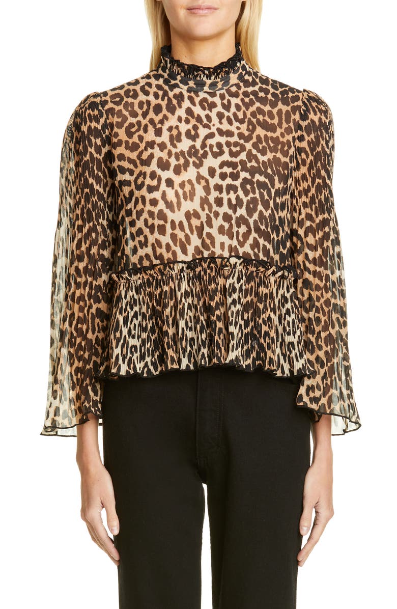 Ganni Leopard Print Sheer Georgette Top, Main, color, 