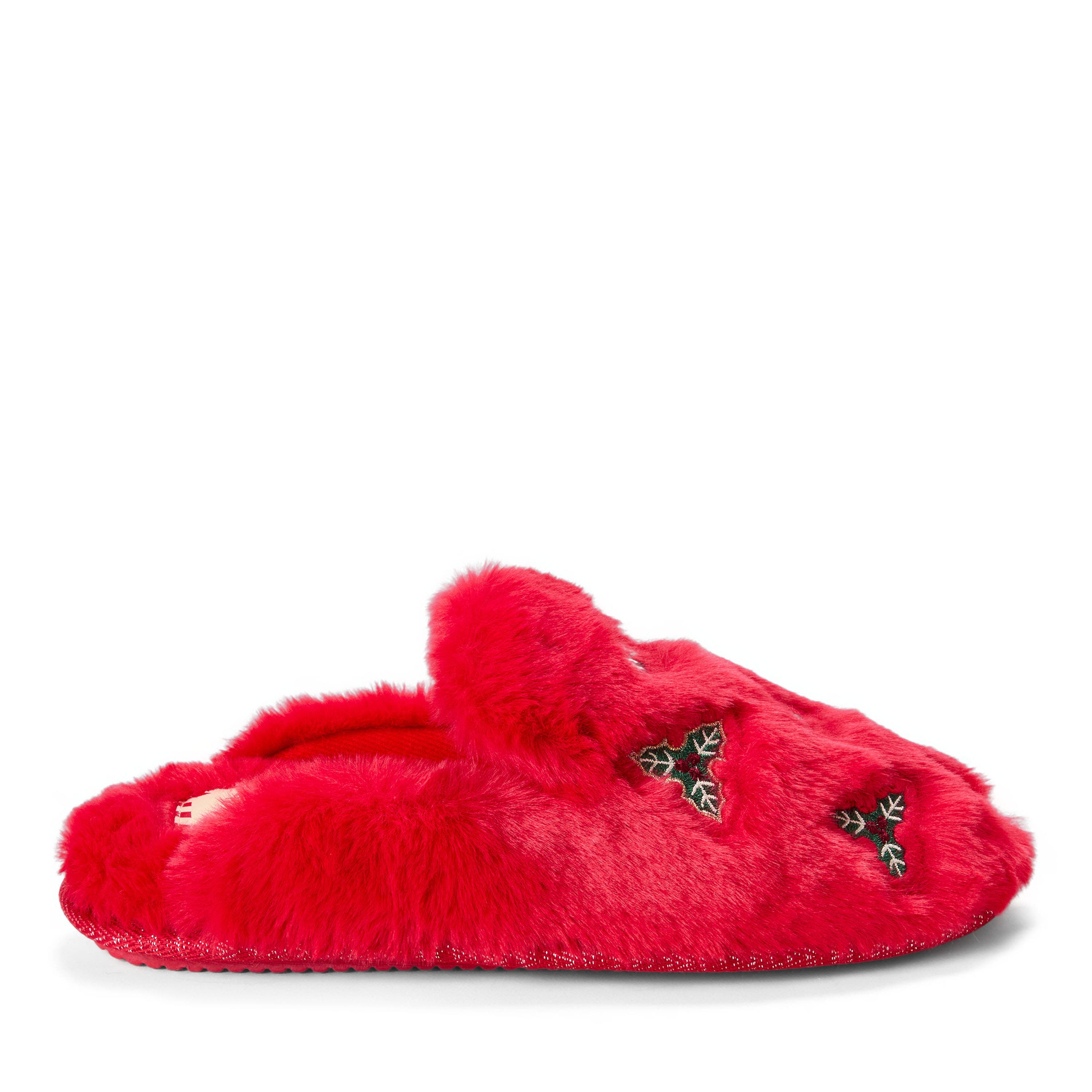 Holiday Fur Shaped Tab Scuff Slippers, Alternate, color, CAYENNE