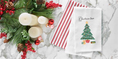 C & F Home C&f Home 27" X 18' Holiday Christmas Tree Cotton Embroidered & Waffle Weave Kitchen Dish Towel In White