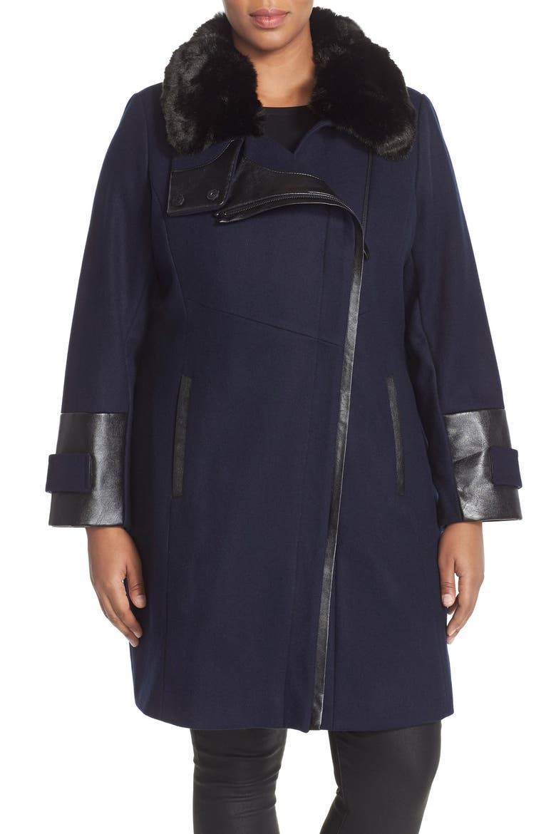 Faux Leather & Faux Fur Trim Asymmetrical Wool Blend Coat, Main, color, NAVY