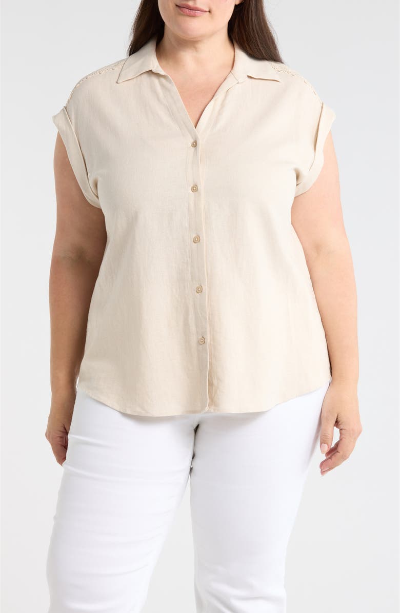 Jones New York Lace Trim Linen Blend Button-Up Shirt, Main, color, Natural Stone