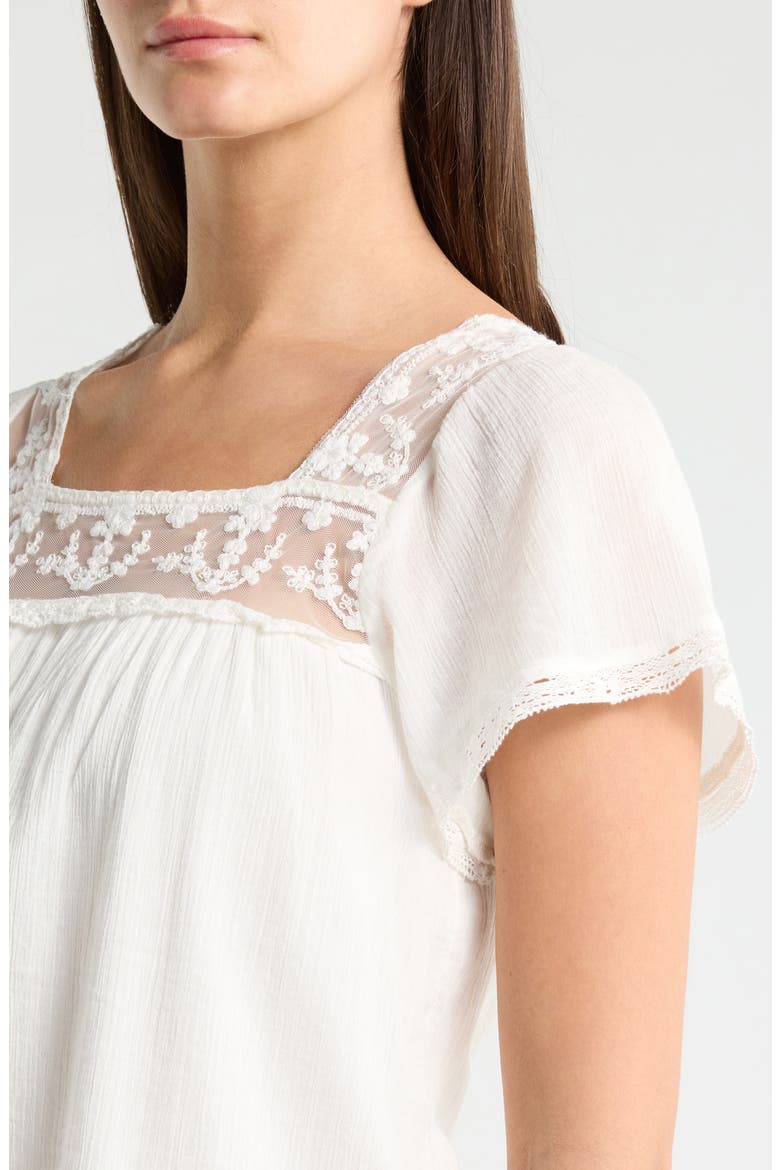 Lace Mesh Detail Square Neck Cotton Top, Alternate, color, CREAM
