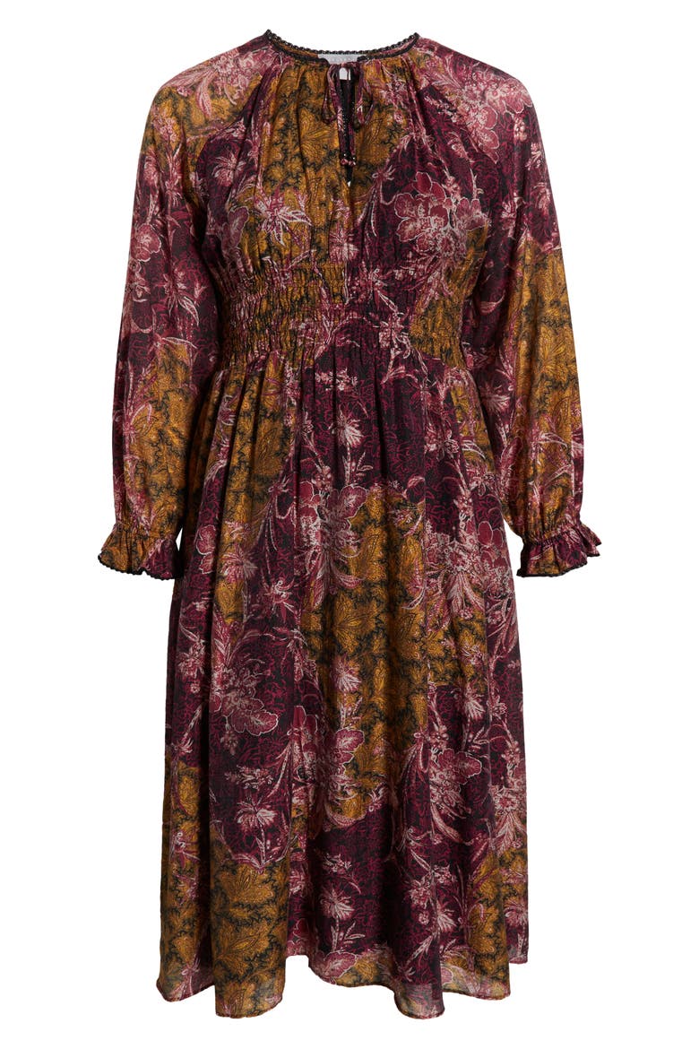 Long Sleeve Smocked Bodice Midi Dress, Alternate, color, PURPLE- YELLOW PAISLEY PATCH