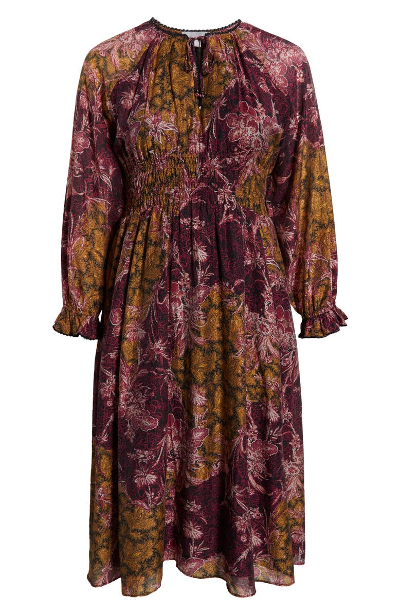 Chelsea28 Long Sleeve Smocked Bodice Midi Dress, Alternate, color, Purple- Yellow Paisley Patch