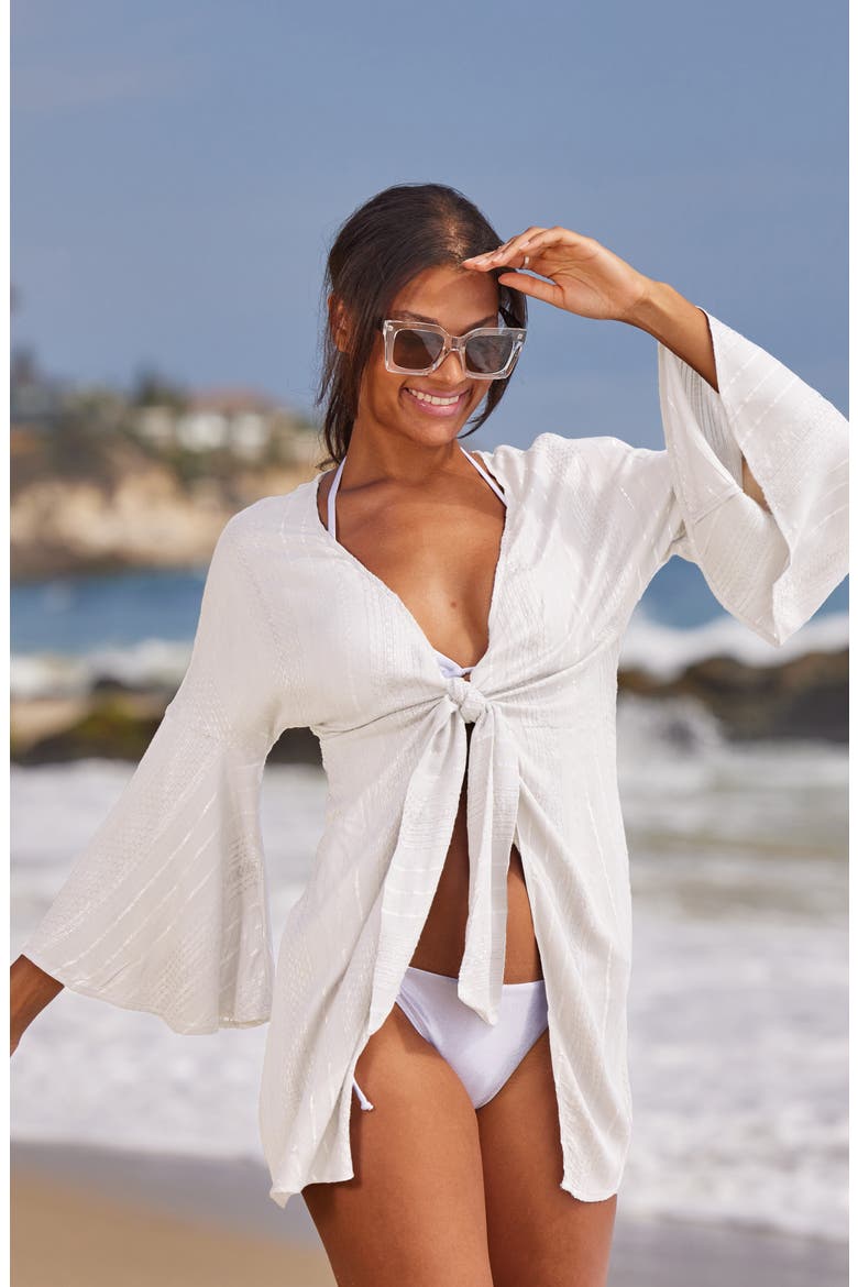 Radiance Metallic Stripe Long Sleeve Cover-Up Tunic, Alternate, color, WHITE