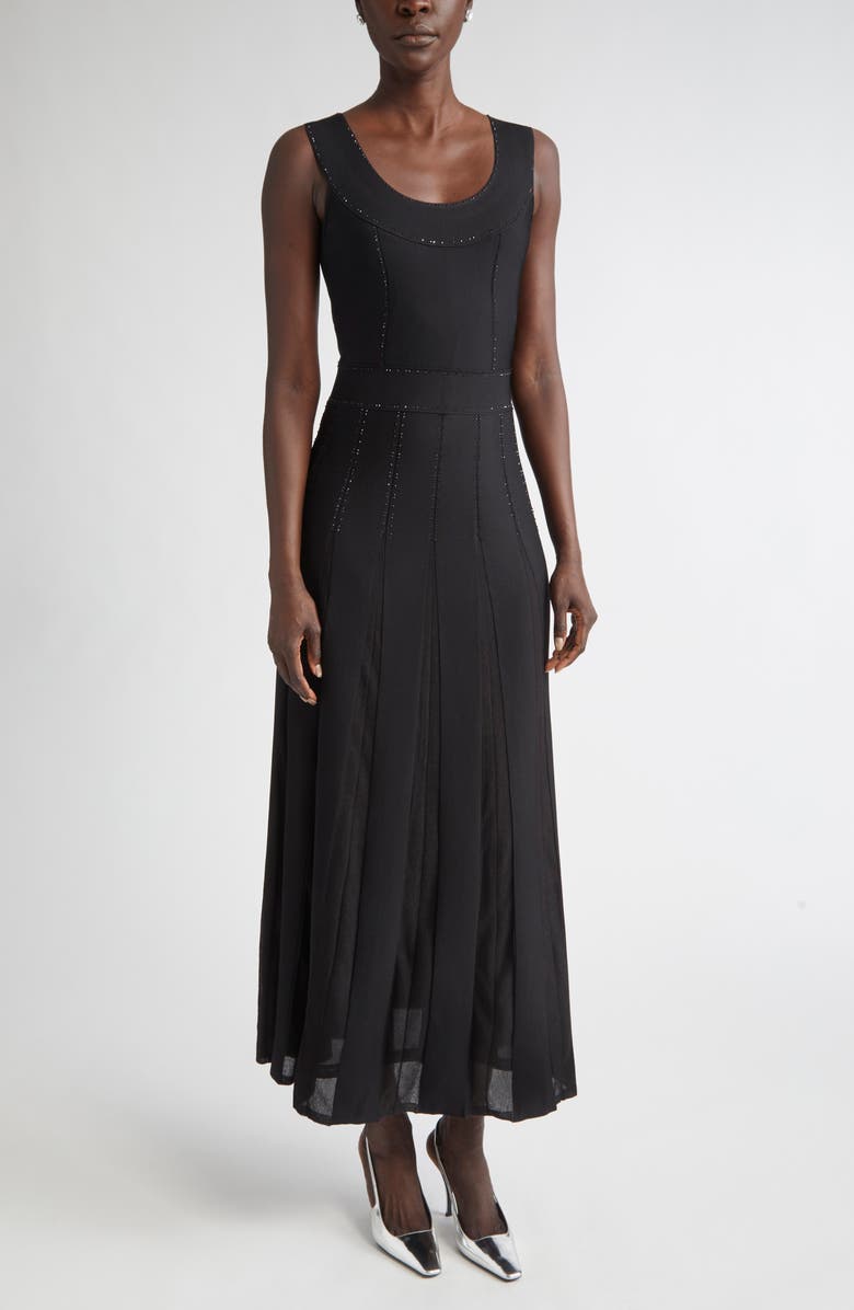 ST. JOHN Crystal Embellished Pleated Piqué Gown, Main, color, Black