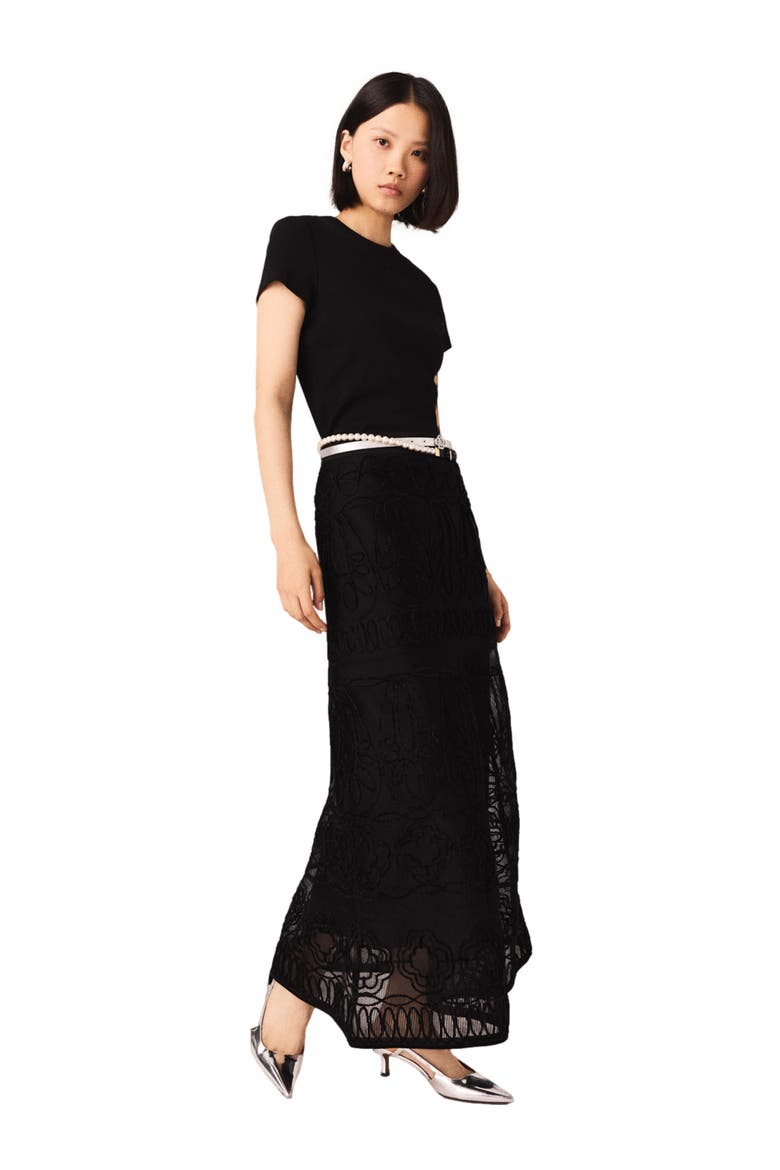 Embroidered basket-weave knit skirt, Alternate, color, Black