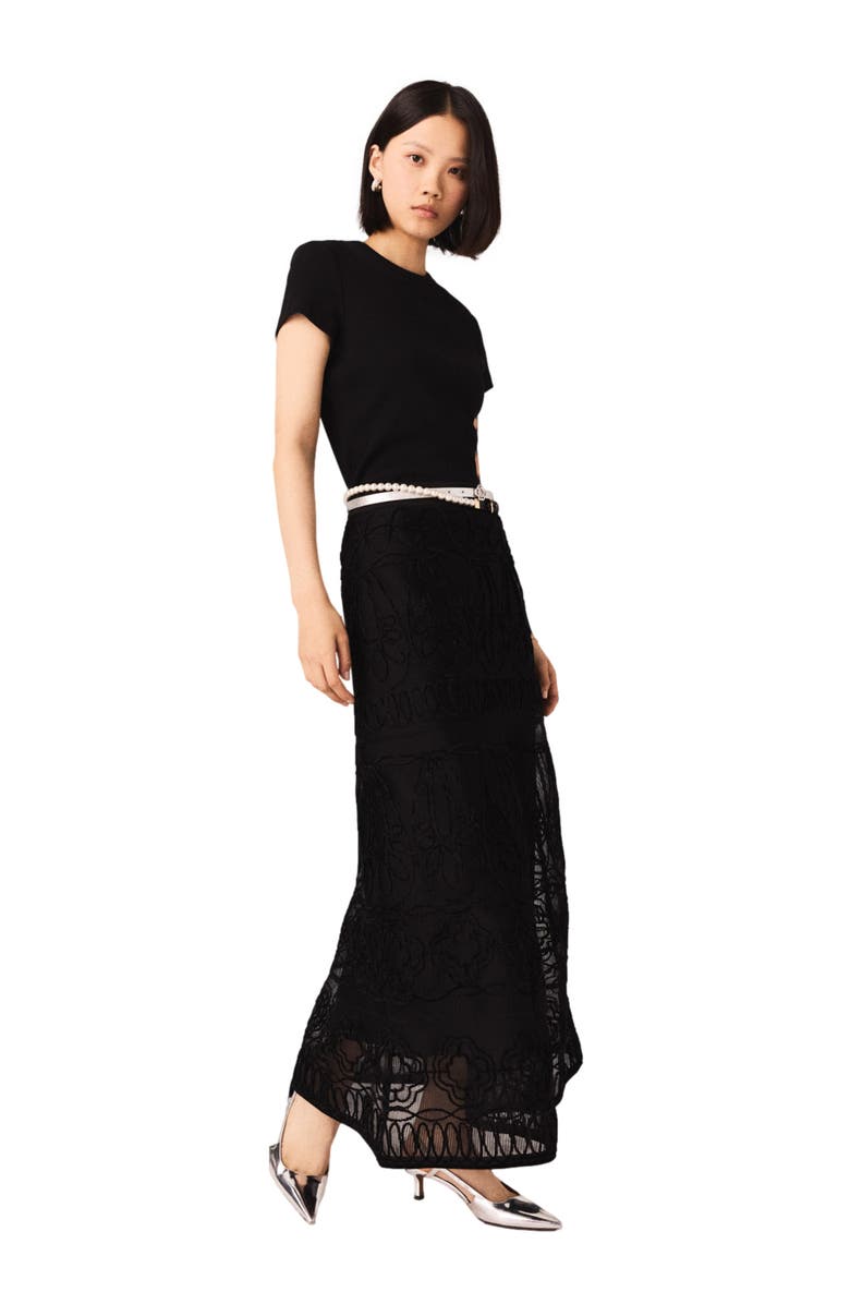 maje Embroidered basket-weave knit skirt, Alternate, color, Black
