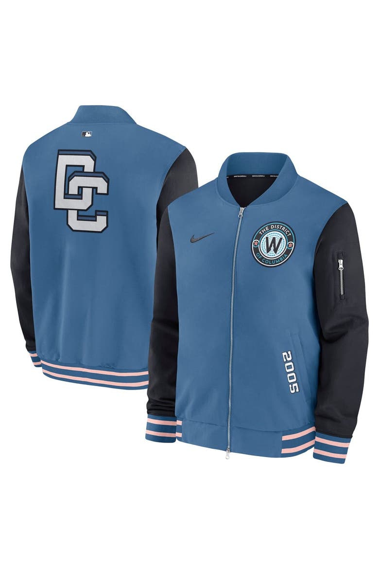 Men's Nike Blue Washington Nationals 2025 City Connect Authentic Collection Full-Zip Dugout Bomber Jacket, Main, color, Blue