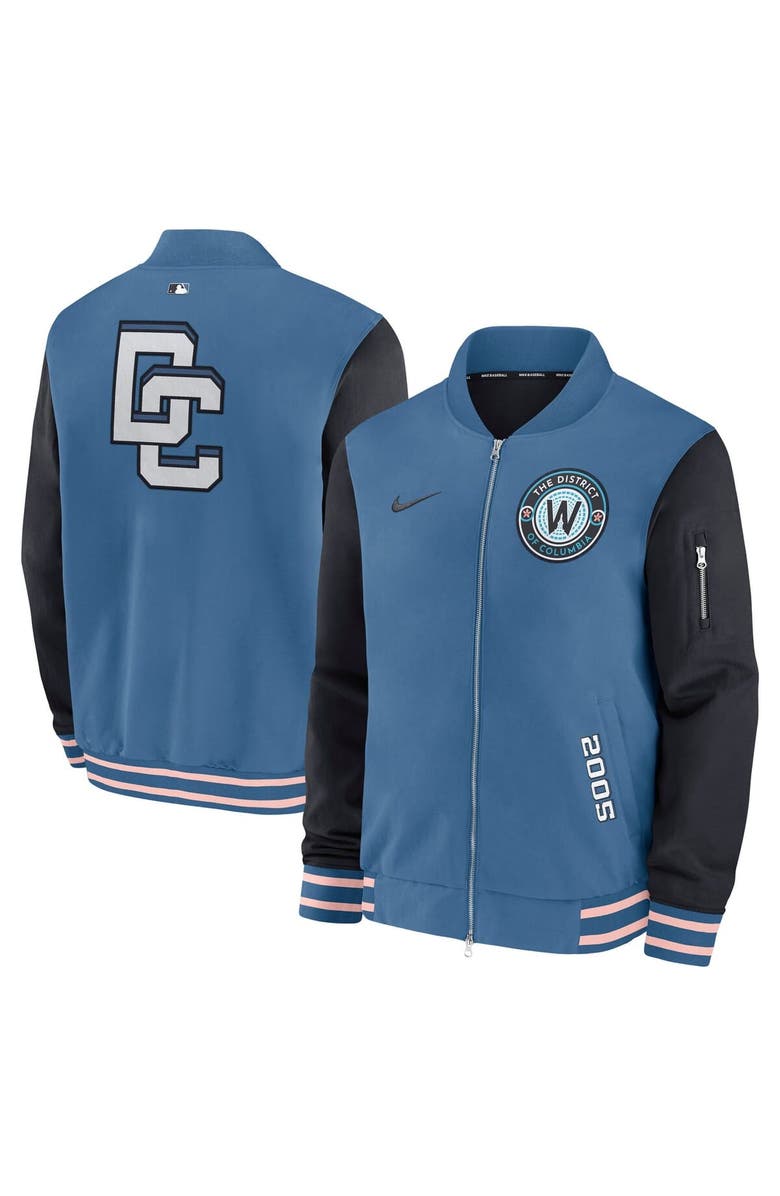 Nike Men
s Nike Blue Washington Nationals 2025 City Connect Authentic Collection Full-Zip Dugout Bomber Jacket, Main, color, Blue