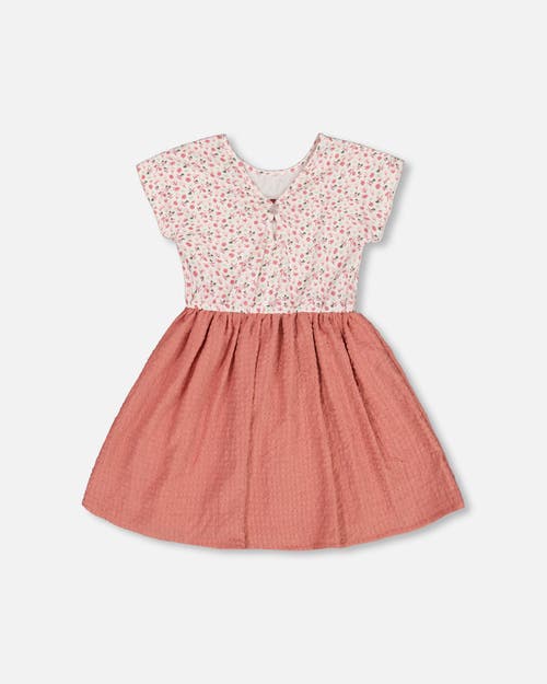 Deux Par Deux Little Girl's Bi-material Dress With Printed Top Small Flowers And Pink In Small Flowers And Pink