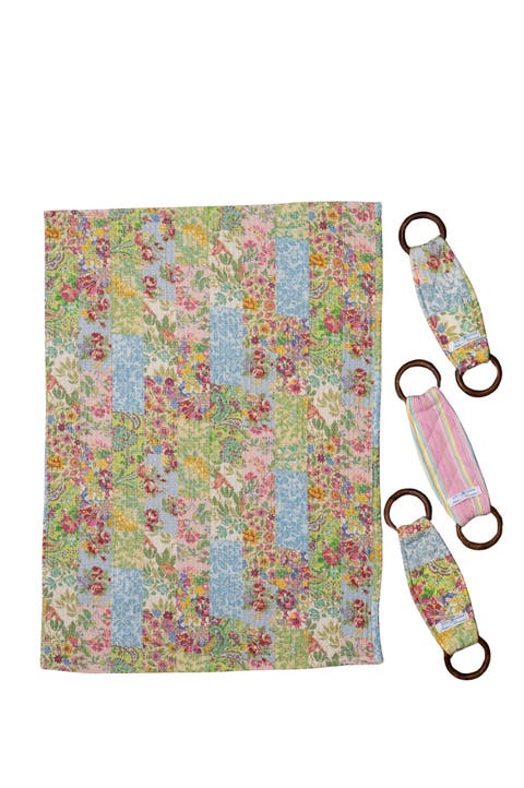 Garden Collage Patchwork Tea Towel + Set Of 3 Wooden Loop Hangers