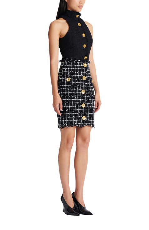 Tweed pencil skirt with buttons