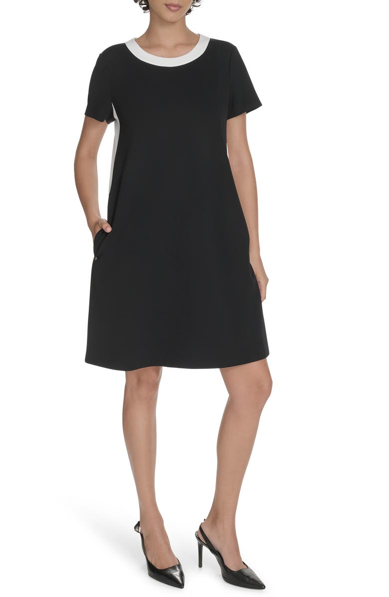 Tommy Hilfiger Colorblock Short Sleeve Pocket Trapeze Dress, Main, color, Black/ Ivory