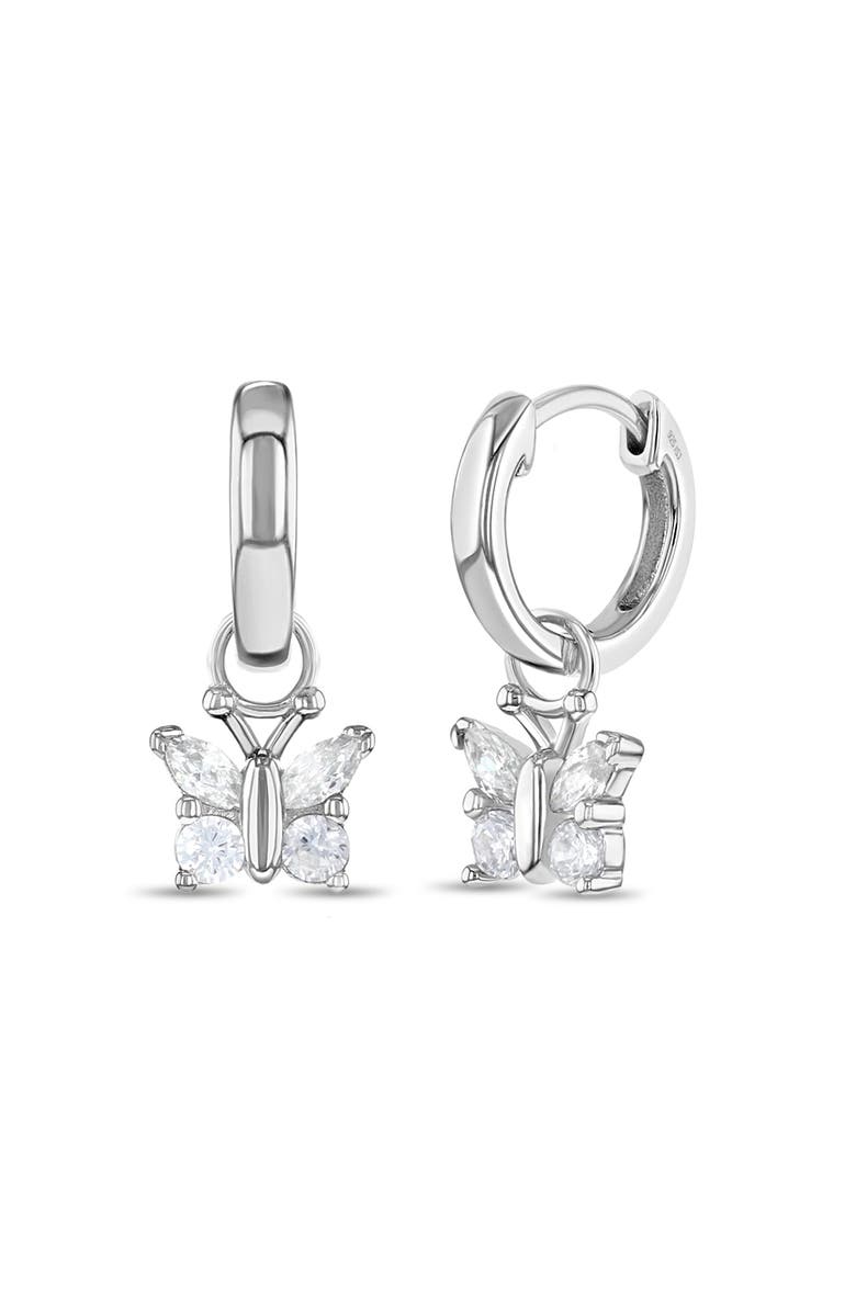 In Season Jewelry Cubic Zirconia Butterfly Dangle Hoop Earrings, Main, color, Silver