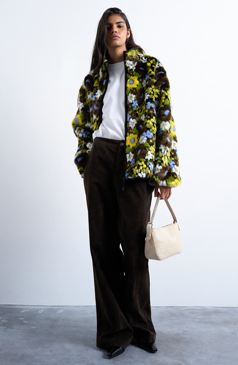 Topshop Floral Faux Fur Bomber Jacket, Alternate, color, Green Multi