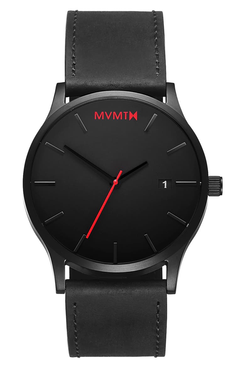 MVMT Classic Leather Strap Watch, 45mm, Main, color, BLACK