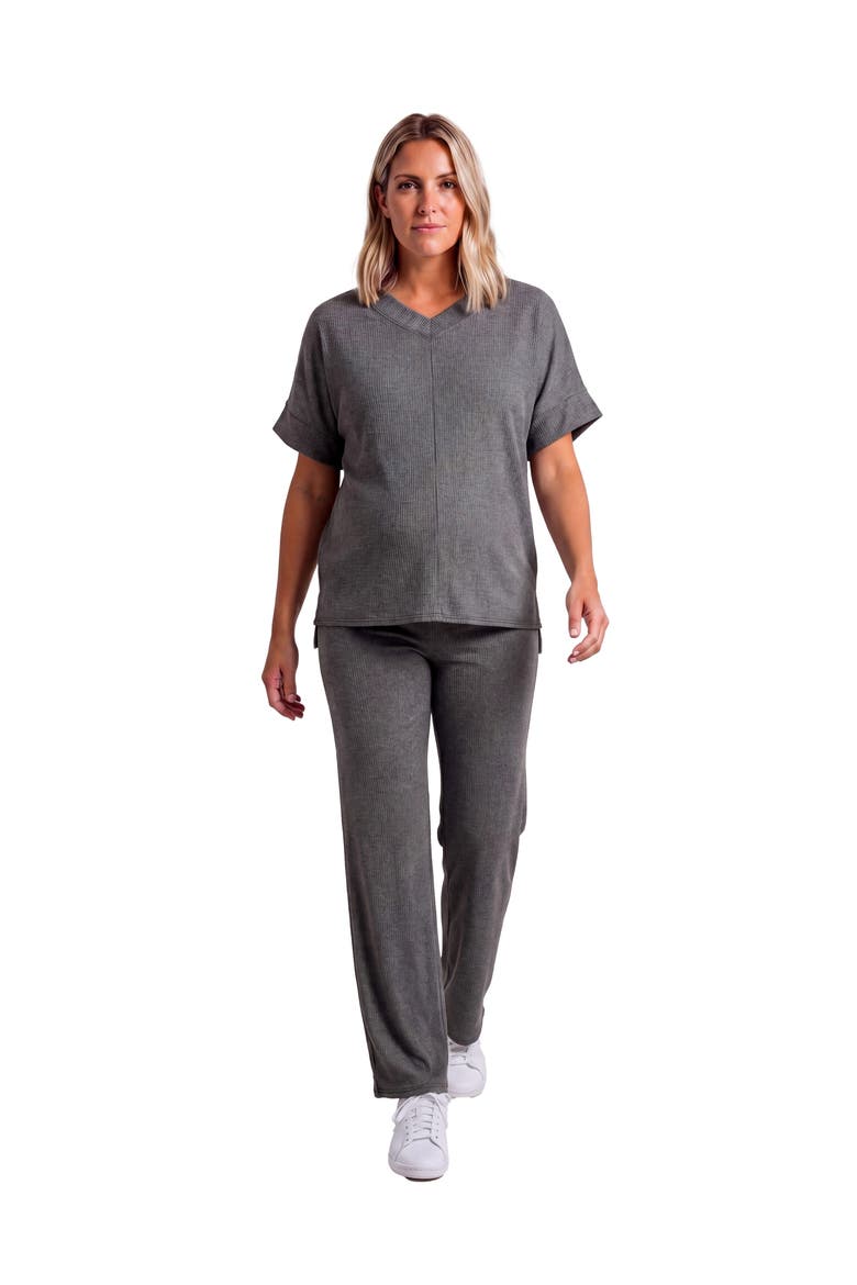 Maternity Basic Ribbed Knit Dolman Sleeve V-Neck Top and Drawstring Wide Leg Pant Set, Main, color, Smoke