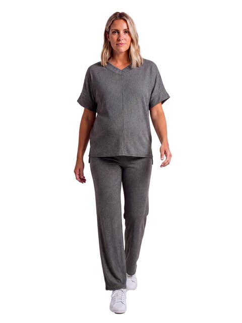 Maternity Basic Ribbed Knit Dolman Sleeve V-Neck Top and Drawstring Wide Leg Pant Set