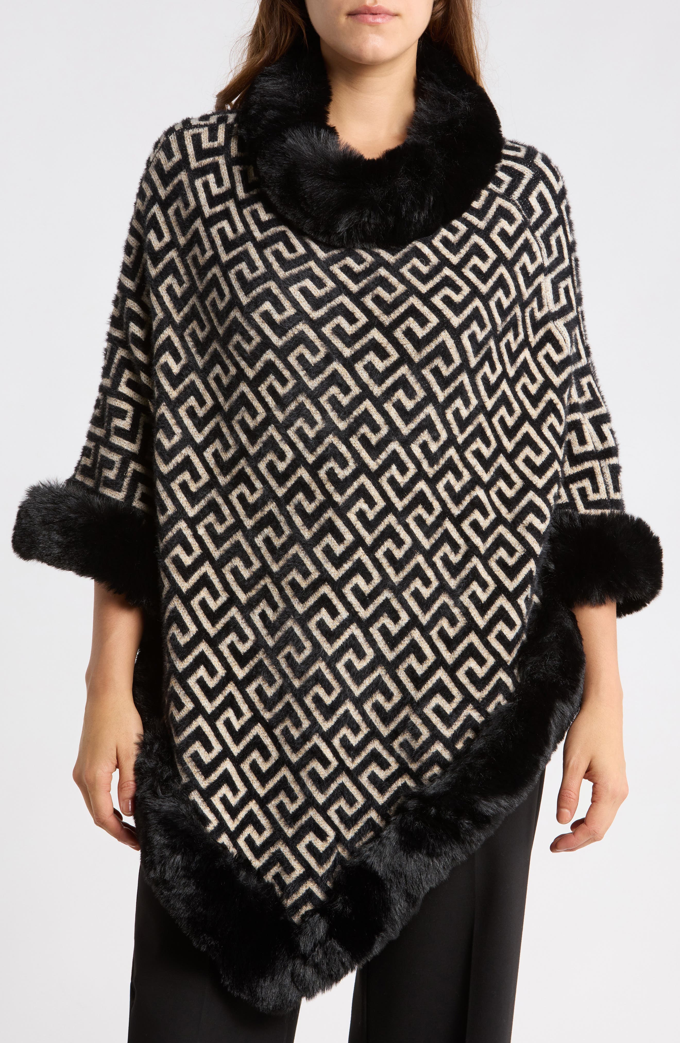 Faux Fur Collar Printed Poncho