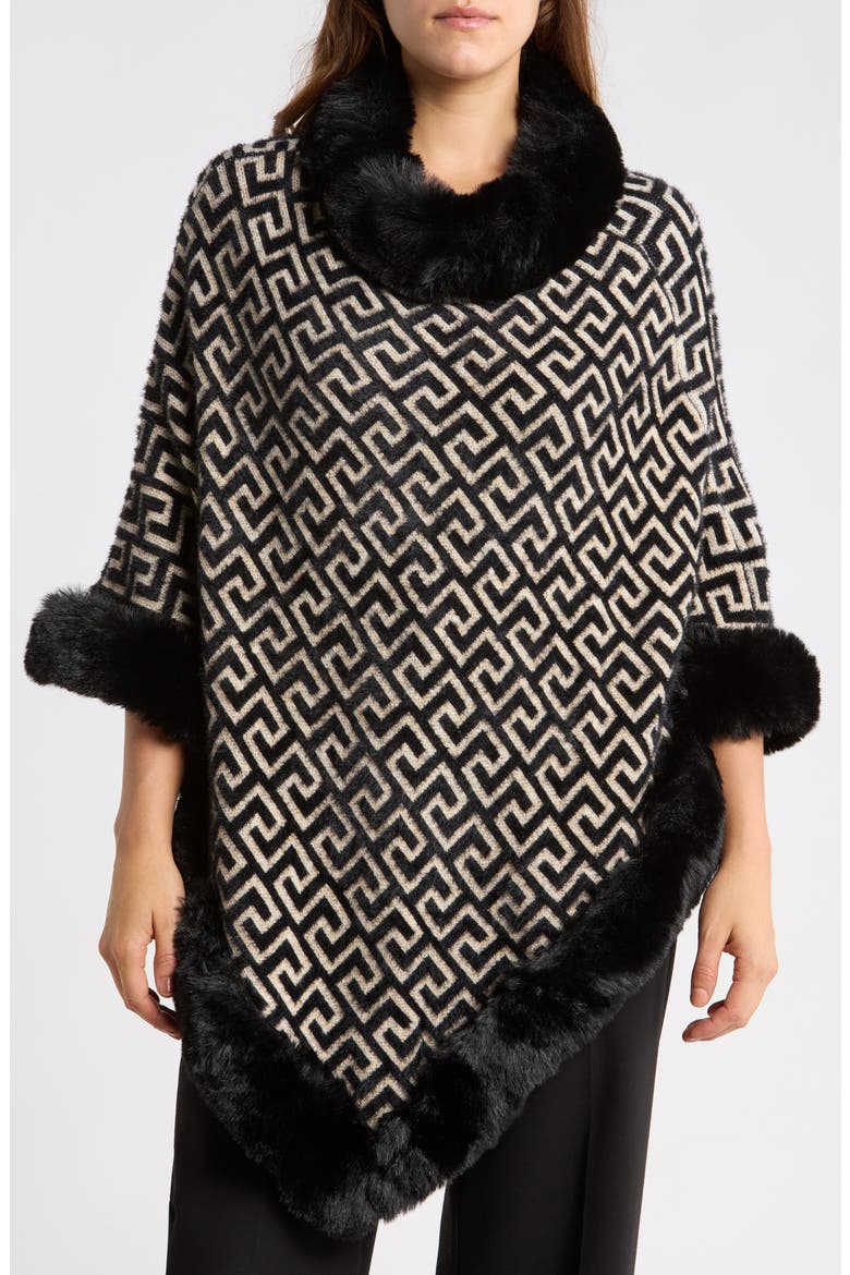 Faux Fur Collar Printed Poncho, Main, color, BLACK