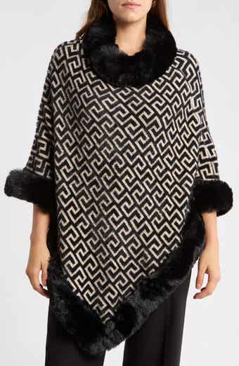 Faux Fur Collar Printed Poncho
